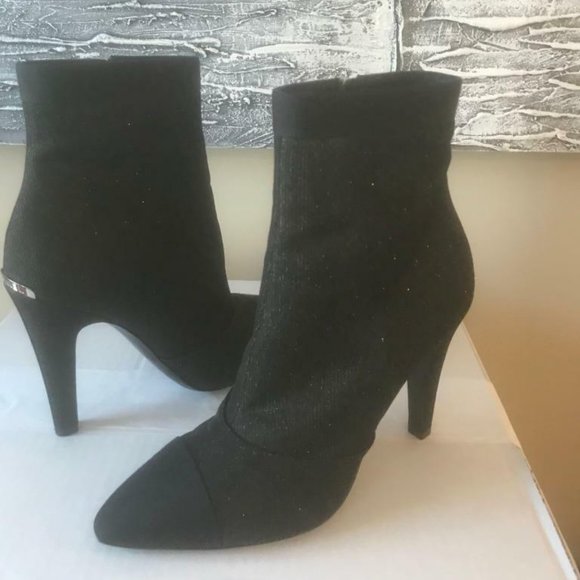 Chanel Chain-Trim Ankle Boots Dark Gray Glitter Suede Size 37